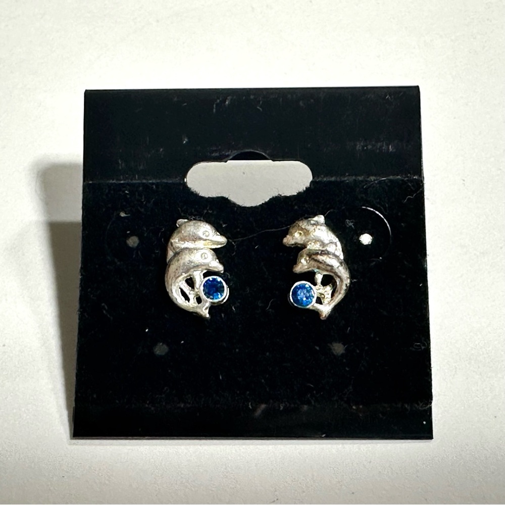 Adorable Dolphin Stud Earrings Tiny Twins Silver Tone & Sapphire Blue September